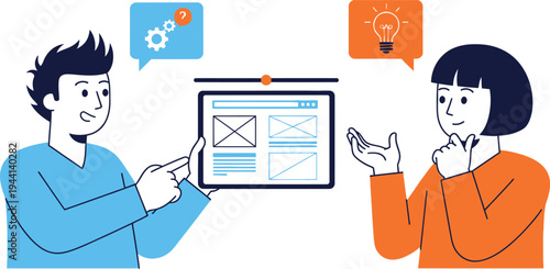 Two people discussing a graph on a tablet