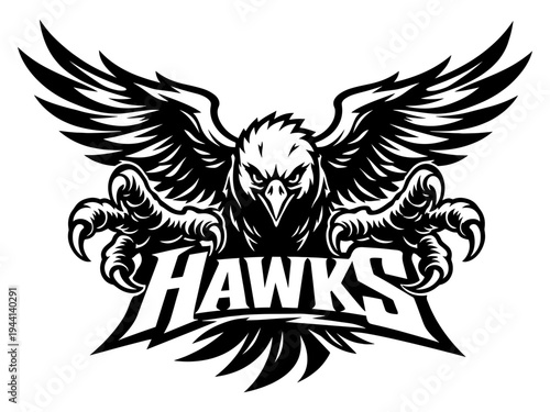Powerful Hawk Mascot Design With Spreading Wings And Sharp Talons Holding The Text Hawks, Aggressive Bird Of Prey Sports Team Emblem Illustration