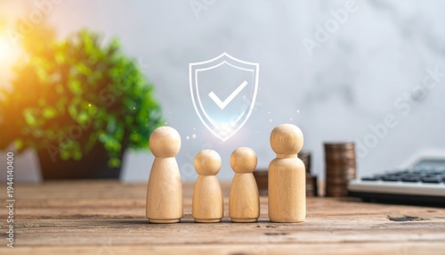 Wooden figurines with coins, calculator, and digital shield overlay, symbolizing family financial protection.