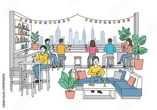 People enjoying drinks at a rooftop bar with a city skyline view