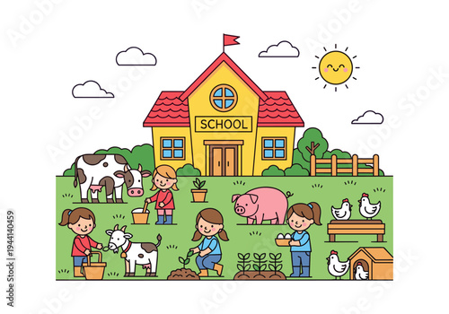 Children learning about farm animals and gardening at a rural schoolhouse