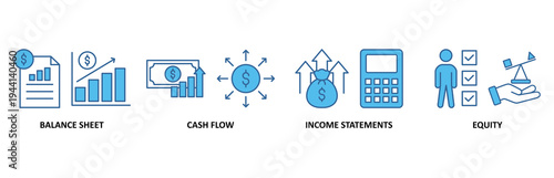 Financial statements icon set illustration contain balance sheet, cash flow, income statements and equity.