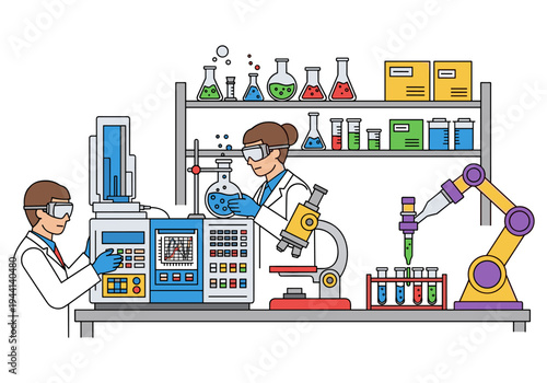 Scientists conduct experiments in a modern laboratory with advanced equipment and robotic arm
