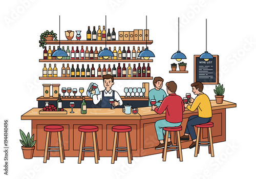 Bartender serving wine to customers at a cozy bar with shelves full of bottles