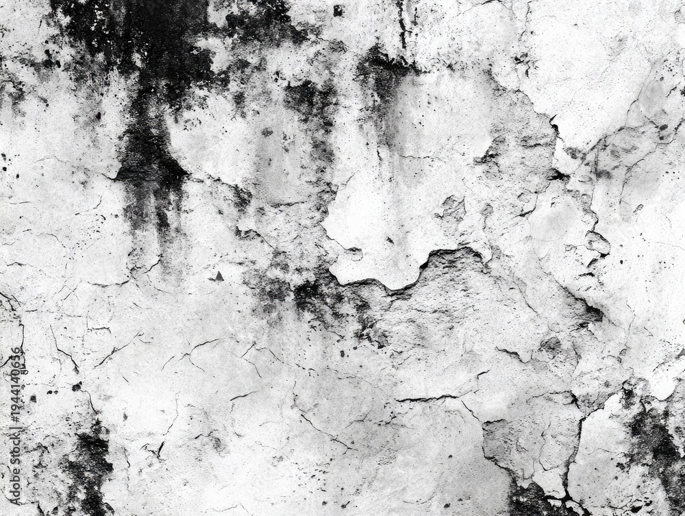 Obraz premium Close-up of weathered white wall with peeling paint and dark mold stains