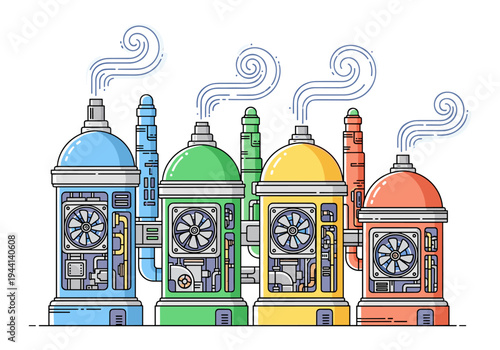 Colorful industrial factory buildings with fans and pipes emitting steam, flat design