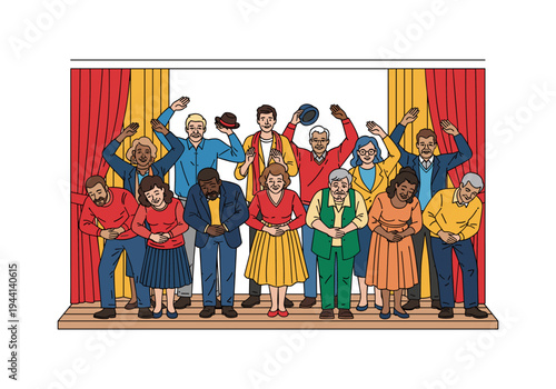 Diverse group of performers taking a bow on stage with red curtains and yellow drapes