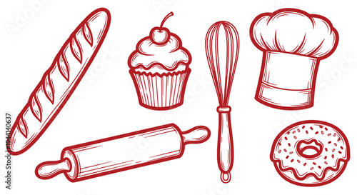 Baking Essentials Collection French Bread Cupcake Donut Rolling Pin Whisk Chef Hat Sketch
