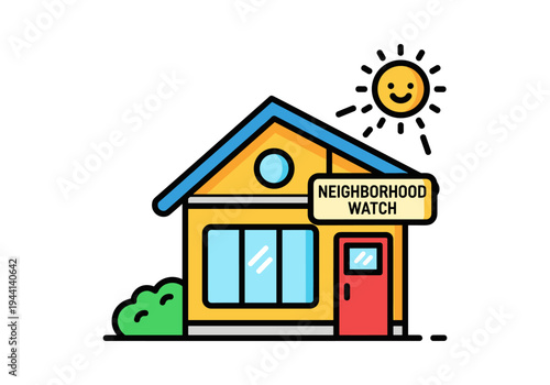 Cartoon house with a neighborhood watch sign and a smiling sun above