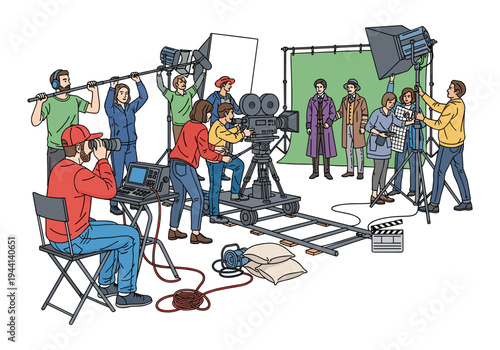Film crew working together on a movie set with camera, lights, and green screen