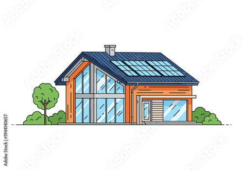 Modern house with solar panels on the roof and large glass windows, surrounded by greenery