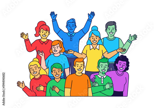 Diverse group of people waving and smiling, representing community and togetherness in a cheerful illustration