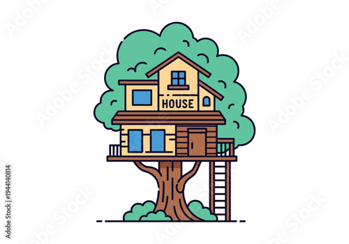 Whimsical cartoon treehouse with a ladder and lush green foliage, perfect for childhood dreams