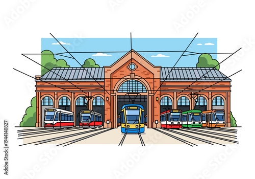 Colorful trams lined up in front of a vintage brick depot with arched windows and a clear sky
