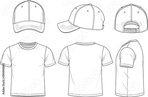 Baseball cap and t-shirt technical fashion illustration with stitching details, seams, paneling, adjustable strap, garment design reference - flavector