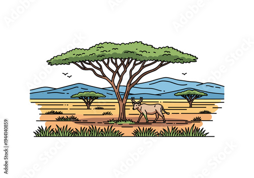 Stylized illustration of a wildebeest walking under an acacia tree in the African savanna