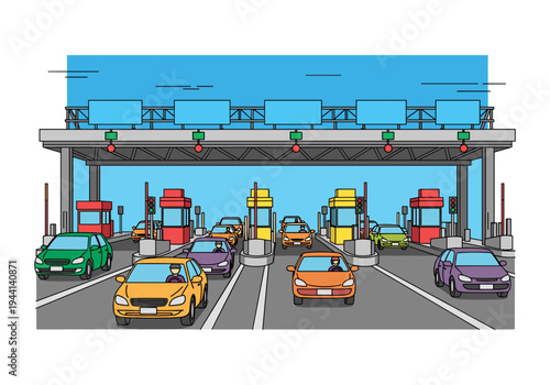 Traffic congestion at a busy toll plaza with multiple lanes and cars waiting