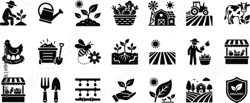 Professional Organic Farming and Sustainable Agriculture Icon Set Featuring Farmers Planting Crops Bee Pollination Dairy Cow Poultry and Eco-Friendly Food Production Silhouettes
