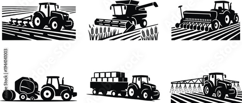 Professional Tractor and Agricultural Machinery Icon Set Featuring Heavy Farming Vehicles Plowing Harvesting Seeding and Field Irrigation Silhouettes