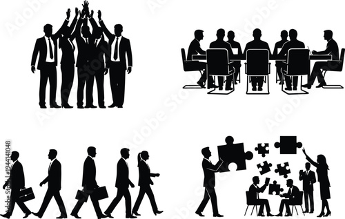 Business teamwork silhouette illustration with meeting, unity circle, commuting professionals, puzzle collaboration corporate culture design - flavector