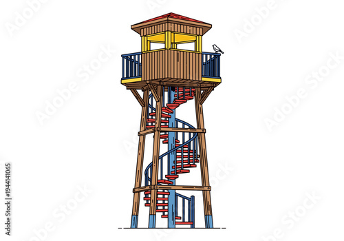 Wooden observation tower with spiral staircase and a bird on the railing