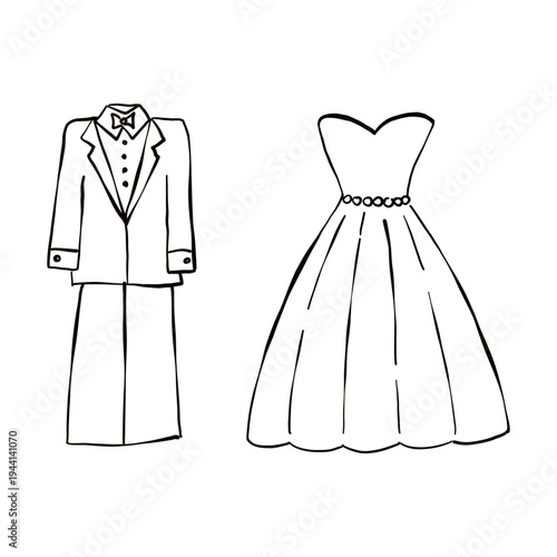 Simple hand drawn doodle illustration of groom's suit and bride's dress. Vector elements for wedding invitation