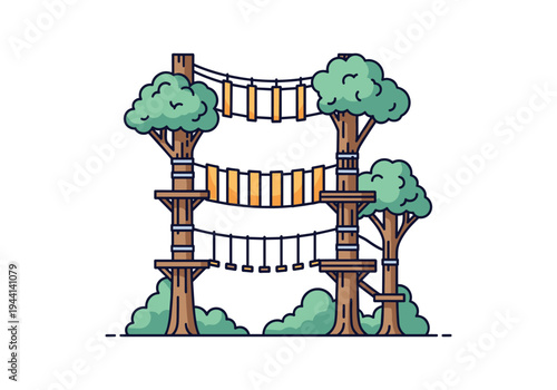 Adventure park with rope bridges and platforms built between trees for outdoor recreation