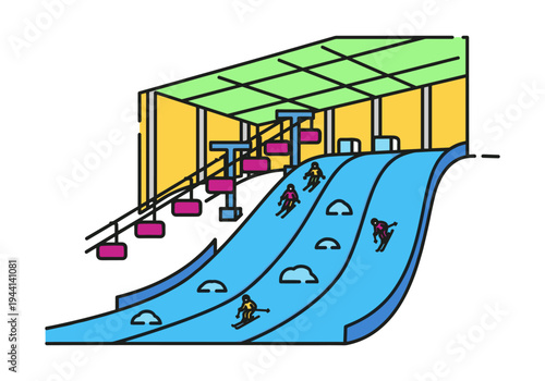 Indoor ski slope with skiers and chairlifts, a fun winter sport activity illustration