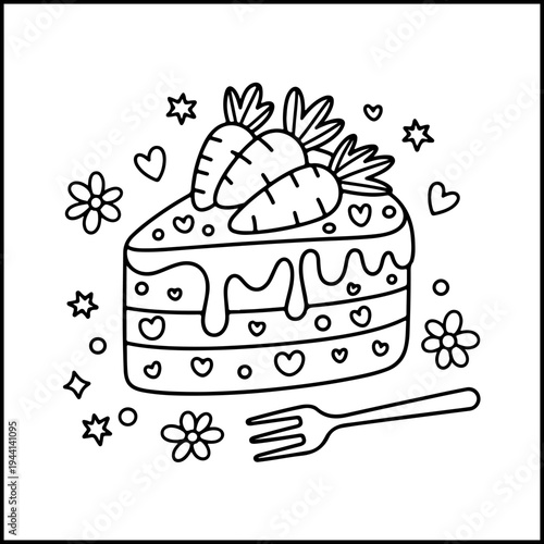 Easter cake with bunny and hearts coloring page flat design vector illustration for kids activity