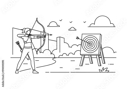Woman archer aiming at target, arrow hits bullseye in a stylized outdoor setting