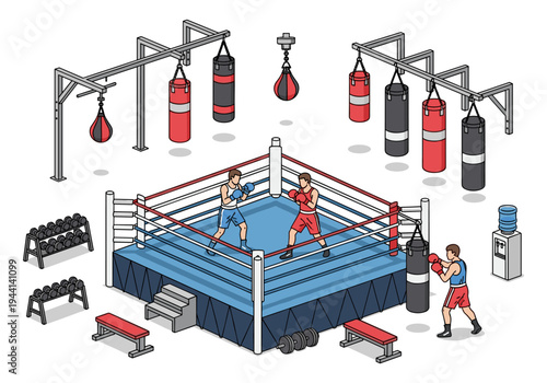 Isometric boxing gym with ring, punching bags, weights, and water cooler