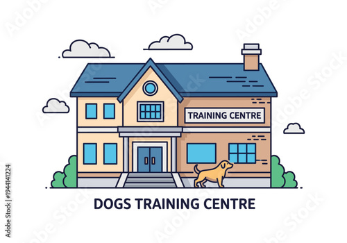 Illustration of a dog training center building with a dog outside