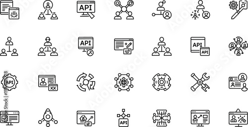 API integration and software development line icon set featuring automation connectivity microservices and digital platforms