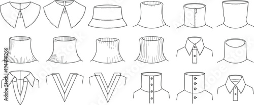 Collar design fashion illustration with twenty styles, rounded, pointed, pleated, buttoned, layered garment construction reference - flavector