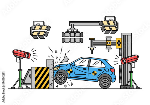 Automotive crash test simulation with car impact and monitoring equipment