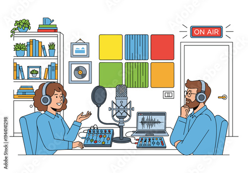 Two people in a recording studio with microphones and audio equipment, broadcasting live