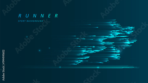 Abstract runner sprinting with speed motion. Futuristic glowing blue ray. Graphic concept for your design
