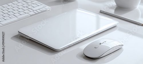 Modern workspace setup featuring a sleek laptop and accessories on a clean white desk surface
