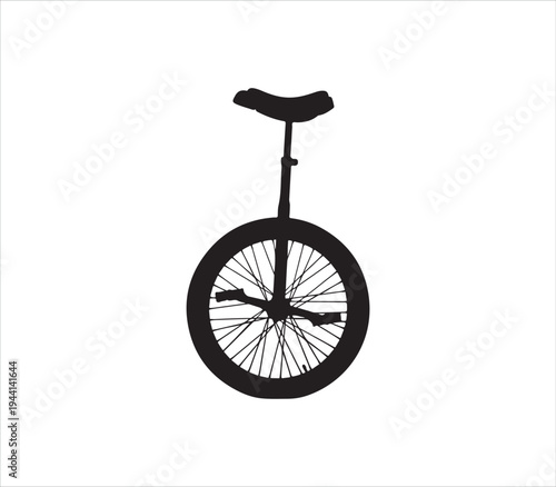 Black and white silhouette of unicyclist riding large wheel bicycle