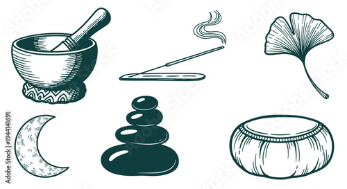Zen spa elements including mortar pestle incense stick balanced stones moon and ginkgo leaf