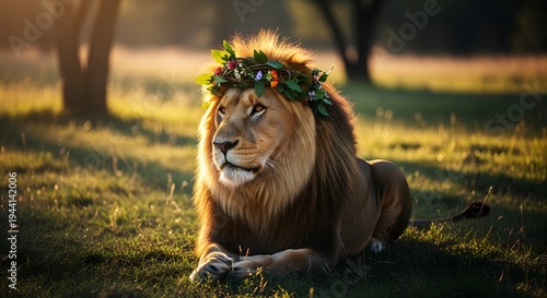 Lion wearing a well-groomed crown. Generative AI.