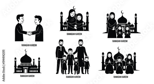 Ramadan kareem illustration featuring families and mosque silhouettes