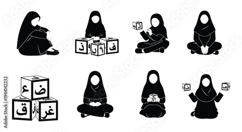 Young girls learn arabic letters with building blocks in a classroom