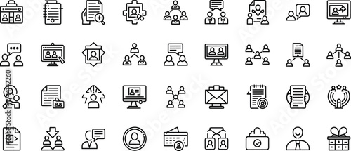 Business communication and corporate workflow line icon set featuring team collaboration analytics reports and management tools