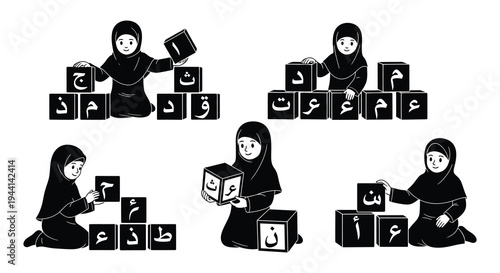 Young girls learn arabic letters with building blocks in a classroom