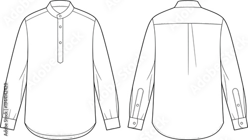 Technical Flat Sketch of a Men's Long Sleeve Mandarin Collar Shirt Featuring a Half Placket Button Closure Box Pleat and Curved Hem for Fashion Design