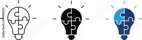 Light bulb puzzle icon showing creative idea and problem solving. Professional illustration for innovative thinking, business strategy, collaborative brainstorming, and mental health solutions