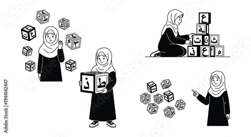 Young girls learn arabic letters with building blocks in a classroom