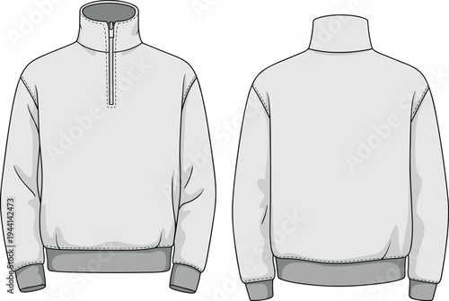 Technical Flat Sketch of a Men's Quarter Zip Fleece Pullover Featuring a High Standing Collar Ribbed Cuffs and Hem for Fashion Design and Tech Packs