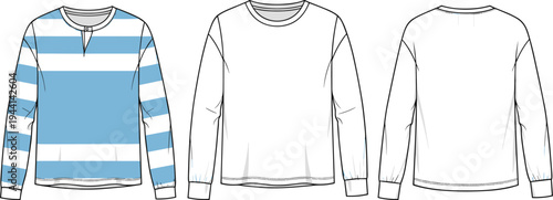 Long sleeve shirt illustration with striped design, buttoned placket neckline, plain round neck variation, front and back garment views - flavector